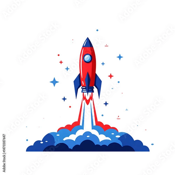 Fototapeta A vibrant red and blue rocket launches into a starlit sky, symbolizing innovation, progress, and the exciting journey of new beginnings a perfect graphic for startups and technology.