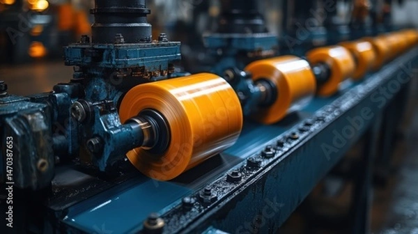 Fototapeta Industrial production line with orange roller mechanisms showing efficiency and precision in manufacturing processes