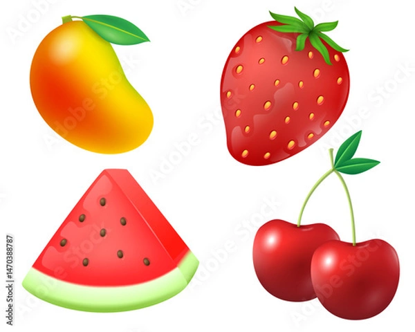 Fototapeta Glossy Fruit Icons: Mango, Strawberry, Watermelon, Cherries