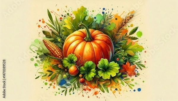 Obraz Watercolor pumpkin. Abstract floral arrangement with orange pumpkin.	