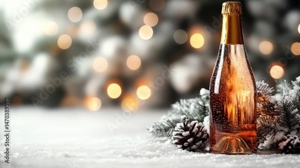 Fototapeta Festive bottle of sparkling beverage surrounded by pine cones and snow
