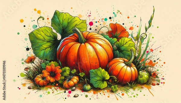 Obraz Watercolor pumpkin. Abstract floral arrangement with orange pumpkin.	
