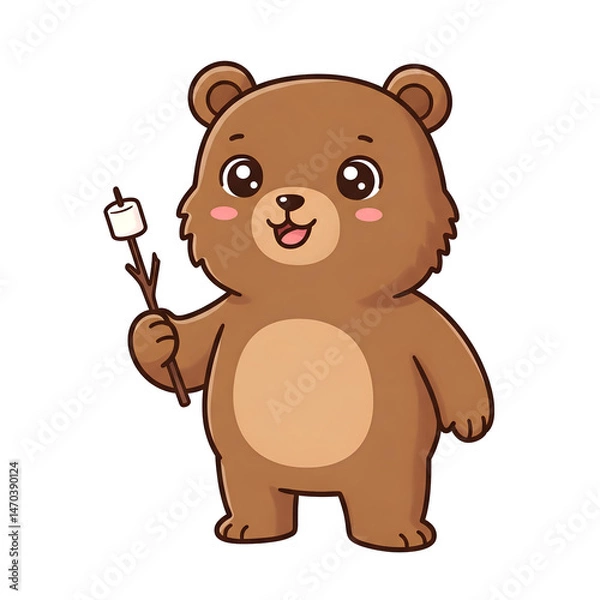 Fototapeta Adorable brown bear cub cartoon character roasting a marshmallow on a stick against a transparent background perfect for children's book illustrations, greeting cards, or apparel designs.
