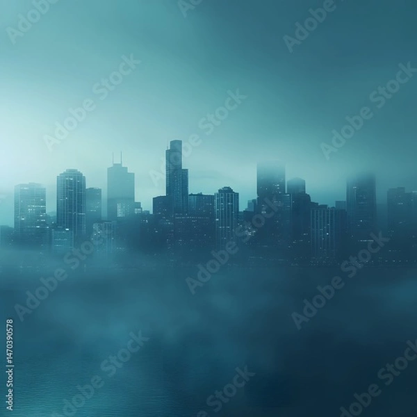 Obraz Illustration of a city skyline at night. Cityscape with skyscrapers in fog at night. Abstract background.
