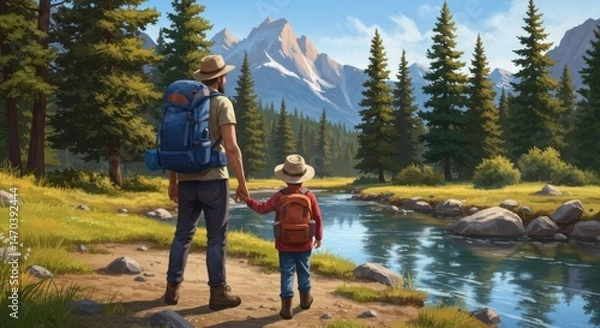 Obraz A father and son holding hands hiking near a river with mountains and trees in the background scene
