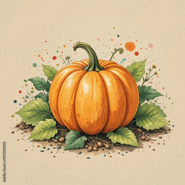Obraz Watercolor pumpkin. Abstract floral arrangement with orange pumpkin.	