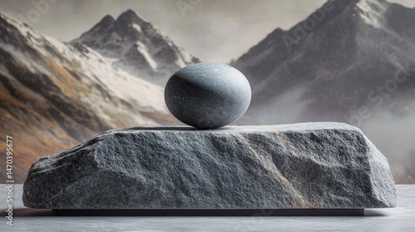 Fototapeta Balanced stone composition with smooth rock on textured slate surface