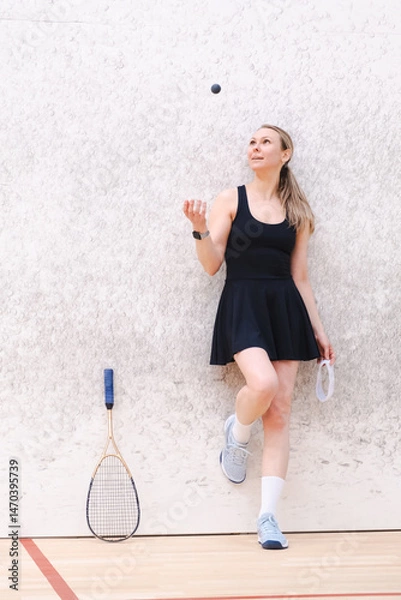 Obraz Woman dressed in athletic attire stands against a wall in a squash court throws a squash ball. She appears relaxed and focused, conveying a calm and content mood