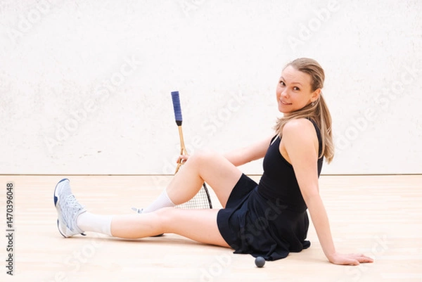 Obraz Smiling woman sitting on a squash court, looking relaxed and satisfied after a game. She wears athletic attire and is surrounded by her equipment, a racket, and a ball