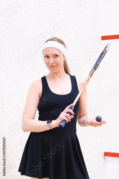 Obraz A female squash player stands confidently indoors, holding a racket and ball. She is dressed in athletic attire, ready for the game. Her expression conveys focus and determination