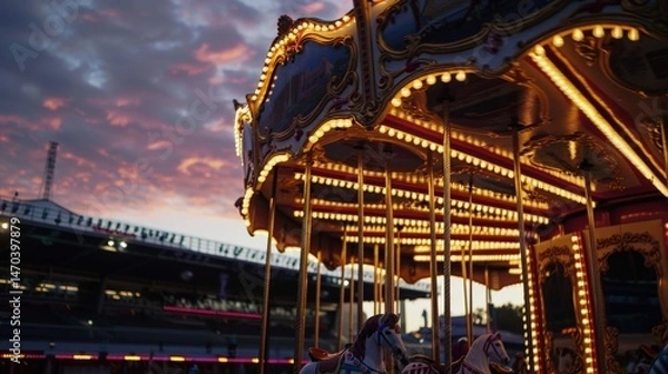 Fototapeta Vibrant carousel under a colorful sunset with illuminated details