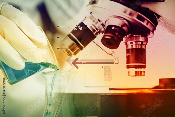 Fototapeta Scientists and scientific experiments to find out about the medical science or the scientific unit . The colors and scientific equipment beakers vitro microscopy .