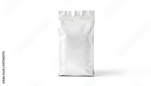 Obraz Blank Foil vacuum sealed coffee bag isolated on white background. Packaging template mockup collection. Aluminium coffee pack. Stand up Front view Package. White tone
