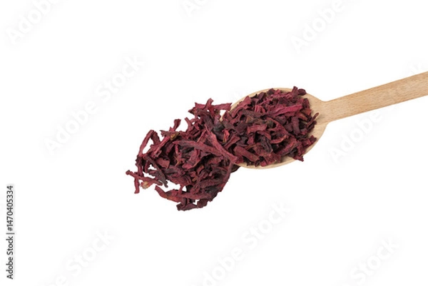 Fototapeta Dried beetroot slices on wooden spoon isolated on white background.