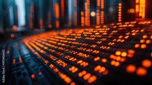 Fototapeta Abstract digital data visualization with glowing orange lights