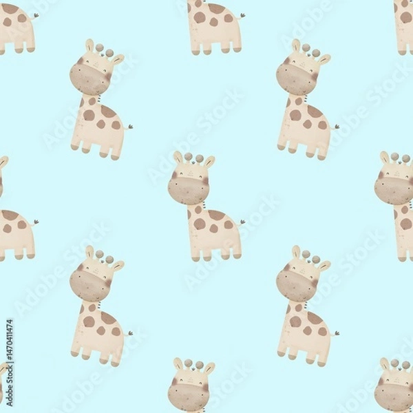 Obraz Seamless pattern with cartoon giraffe, decor elements. colorful illustration for kids. hand drawing, flat style. Baby design for fabric, print, textile, wrapper