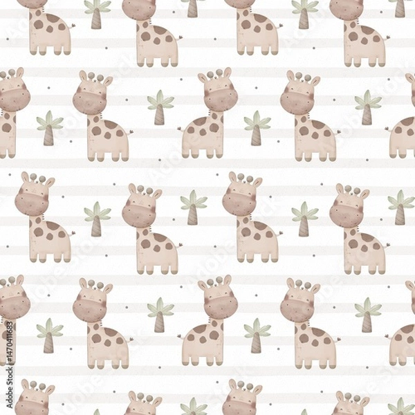 Obraz Seamless pattern with cartoon giraffe, decor elements. colorful illustration for kids. hand drawing, flat style. Baby design for fabric, print, textile, wrapper