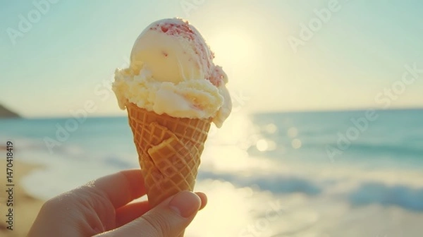 Fototapeta Enjoying a moment of summer bliss with a delightful ice cream cone in hand, set against the serene backdrop of a sun-kissed beach.
