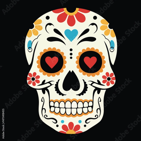 Fototapeta Sugar skull with colorful floral and heart decorations for Day of the Dead celebration vector illustration 