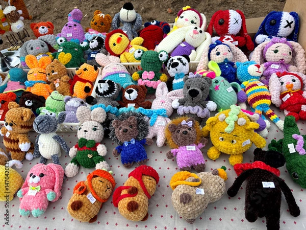 Fototapeta A lot of handmade knitted toys 