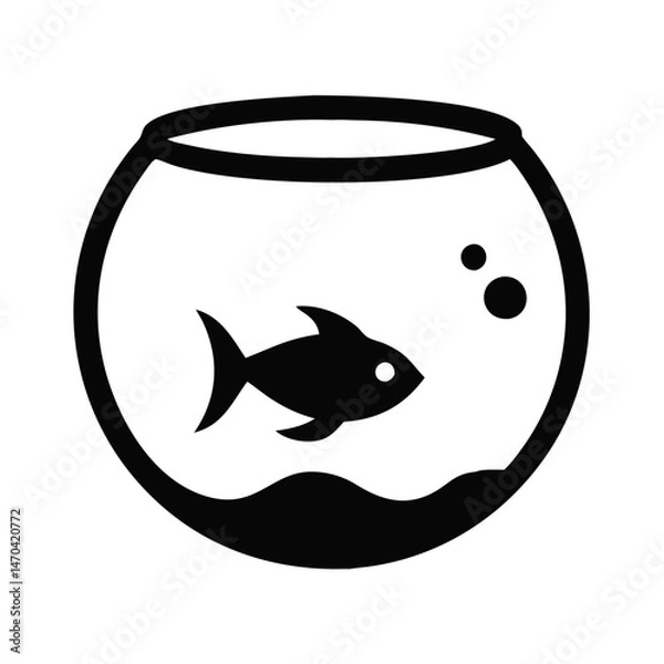 Fototapeta Black and white icon of aquarium with fish, in the form of a round bowl, with simple design, in the water above the fish there are bubbles symbolizing the aquatic environment, for image, aquariums or 