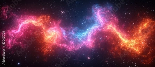 Fototapeta Cosmic nebula, vibrant hues of pink, orange, and blue energy flow across a dark starry backdrop
