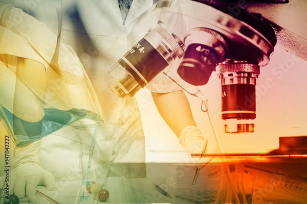 Fototapeta Scientists and scientific experiments to find out about the medical science or the scientific unit . The colors and scientific equipment beakers vitro microscopy .