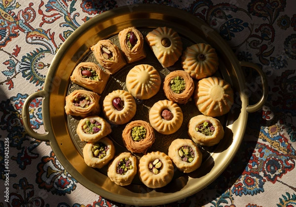 Obraz Tray of assorted maamoul cookies on oriental tablecloth