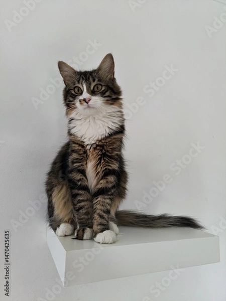 Fototapeta Gray and white cat in the house - Cute cat sitting on a shelf