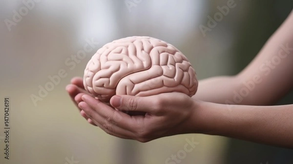 Fototapeta Hands holding a model brain outdoors, symbolizing knowledge and cognitive science.