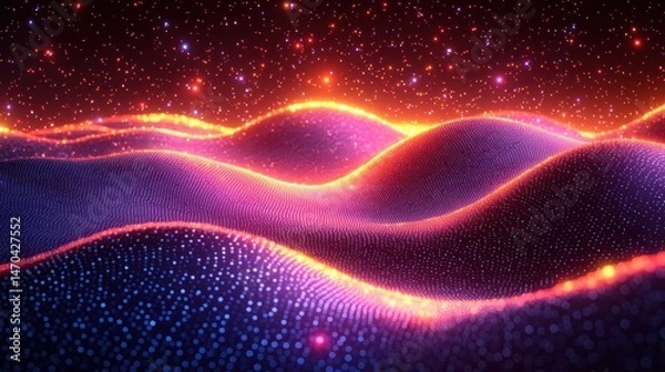 Fototapeta Glowing, undulating landscape under a starry, vibrant night sky.  Particles form rolling hills with fiery highlights