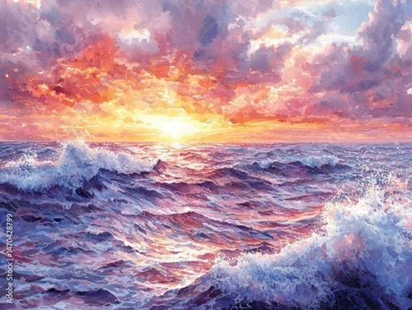 Fototapeta Vibrant sunset over a restless ocean, waves crashing, colors of orange, pink, and purple dominate the sky and water