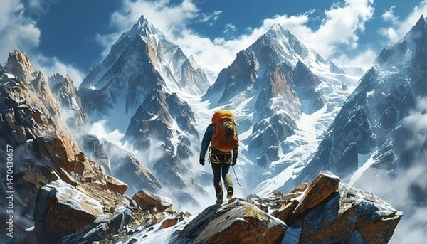 Fototapeta Fearless climber reaching for the sky, epic journey through majestic snow-covered mountains