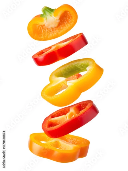 Obraz sweet bell pepper slices falling a colorful cascade of red yellow and green showcasing fresh