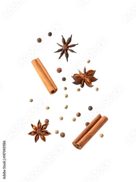 Obraz Aromatic Spices Falling Cinnamon Star Anise Peppercorns