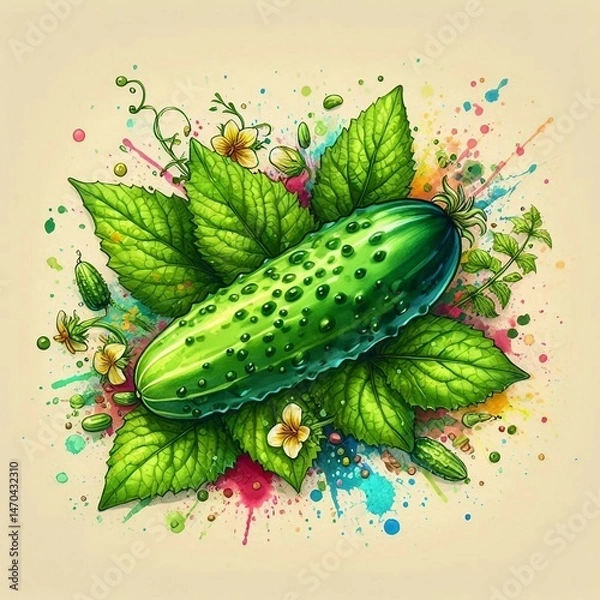 Obraz Watercolor cucumber. Abstract floral arrangement with green cucumber.