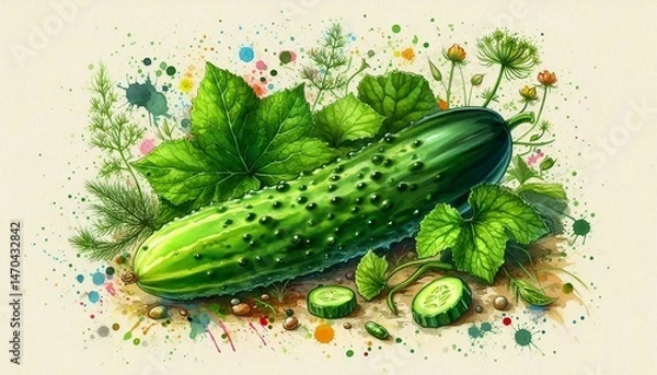 Obraz Watercolor cucumber. Abstract floral arrangement with green cucumber.