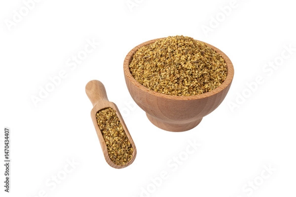 Fototapeta dried flowers of black lilac or black elder in latin sambuci flos in wooden bowl and scoop isolated on white background. Medicinal herb.