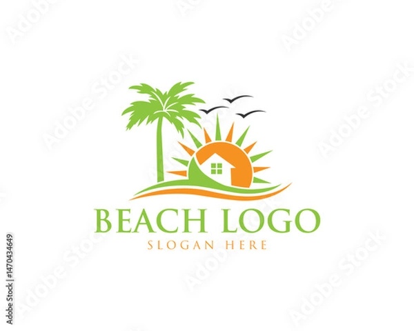 Fototapeta Beach house resort vector logo template with palm trees and birds