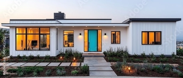 Fototapeta Modern, single-story house with white siding, large windows, and a teal front door.  Landscaped yard with stone pathway