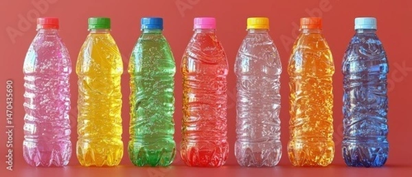 Fototapeta Eight plastic bottles, filled with vibrant, colorful liquids, arranged in a row against a solid red backdrop
