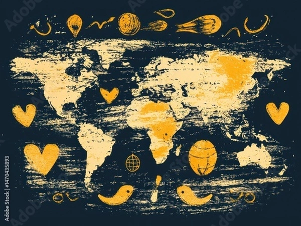 Fototapeta A textured world map in pale yellow, surrounded by small, hand-drawn icons like hearts, birds, and globes on a dark background