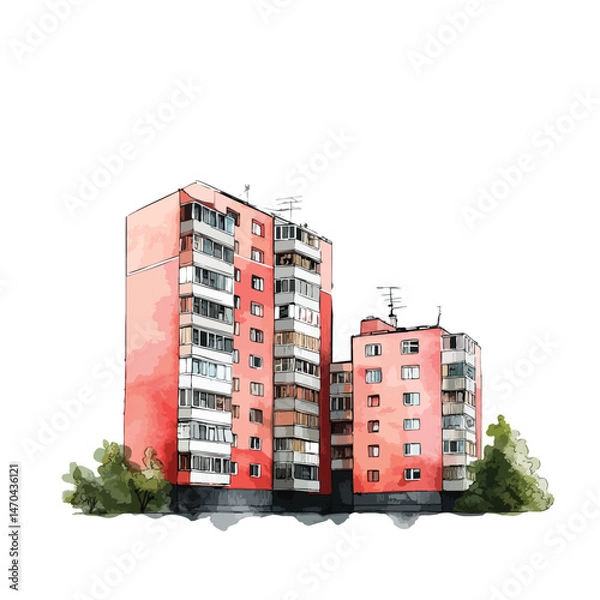 Obraz Apartment complex, watercolor illustration isolated