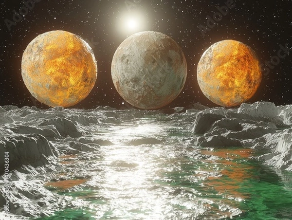 Fototapeta Three fiery planets dominate a desolate, rocky landscape reflected in a tranquil, green body of water under a bright sun
