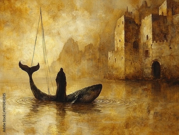 Fototapeta A lone figure on a whale sails towards a mysterious, ancient castle at sunset.  Golden hues dominate the scene