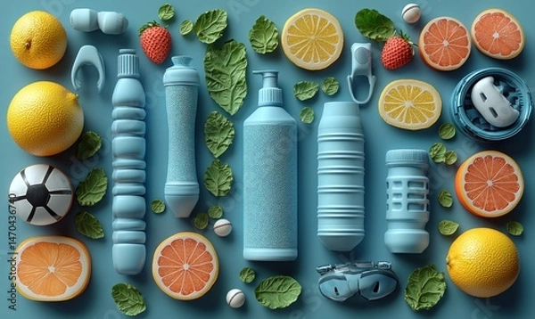 Fototapeta Flat lay of refreshing blue sports bottles, sliced citrus fruits, and mint leaves on a blue background.  Perfect for hydration and active lifestyles