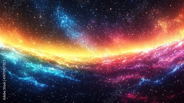 Fototapeta A vibrant cosmic scene with glowing nebulae in hues of blue, orange, and pink, swirling across a backdrop of countless stars