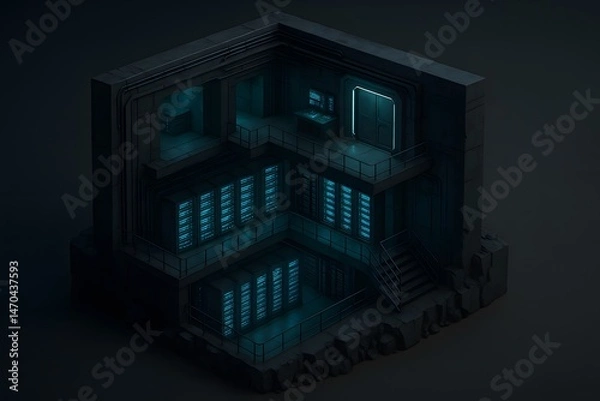 Obraz Isometric Server Room Cutaway, Dark Futuristic Style, Data Center Visualization