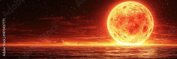Fototapeta Fiery celestial body dominates a dark, fiery sky, casting an intense, reddish glow on the calm ocean