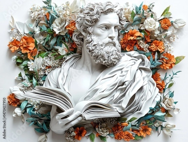 Fototapeta A classical bust holds an open book, encircled by vibrant flowers in oranges and whites, set against a plain background